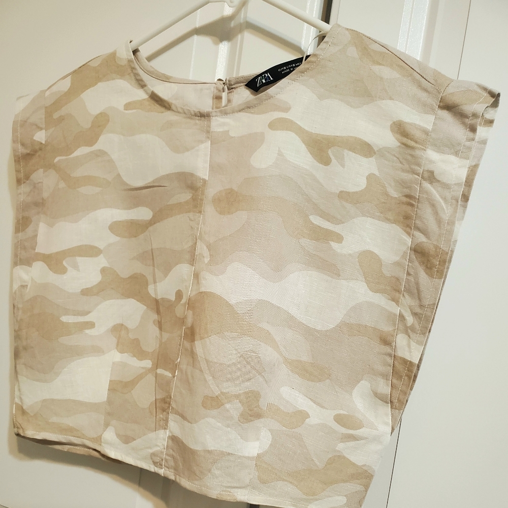 ZARA CAMOUFLAGE  LINEN CROPPED TOP  BLOUSE -SMALL